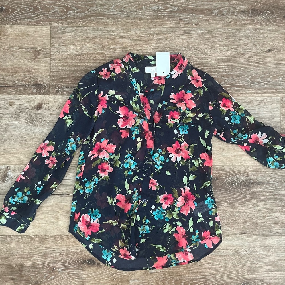 NWT Kut from the Kloth XS Chiffon Floral Blouse Navy Pink